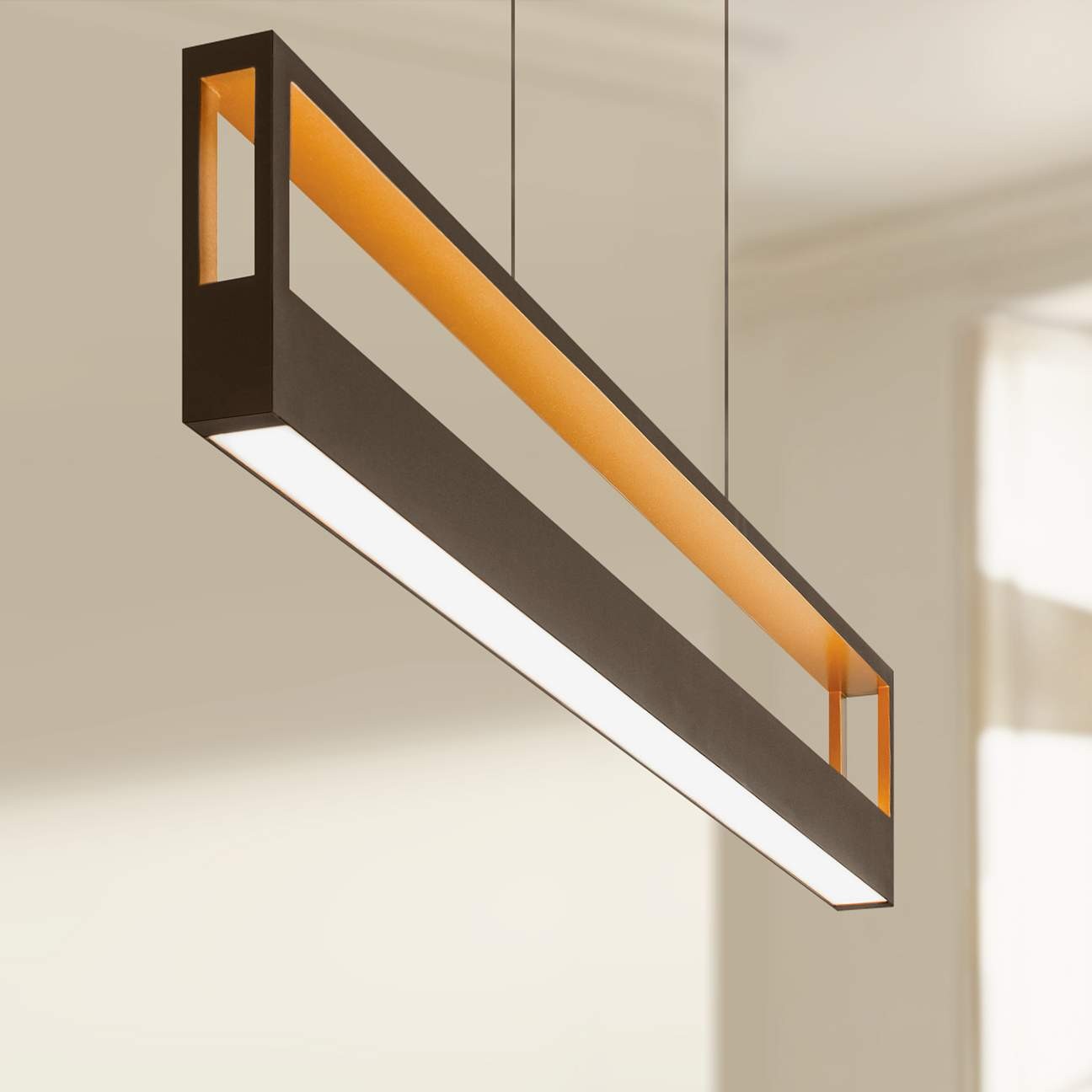 Double-sided LED pendant light with black finish frame