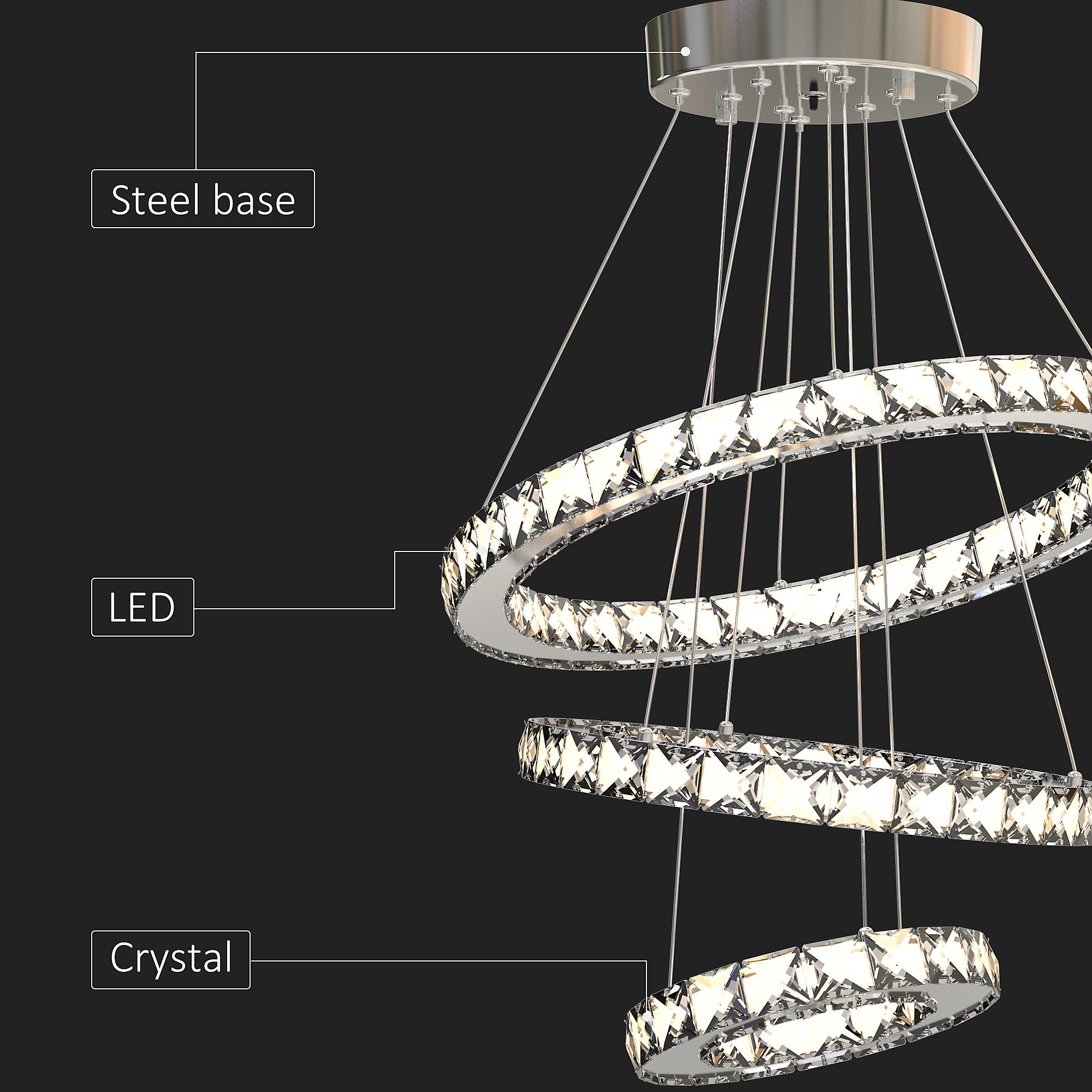 Three-ring crystal design LED chandelier