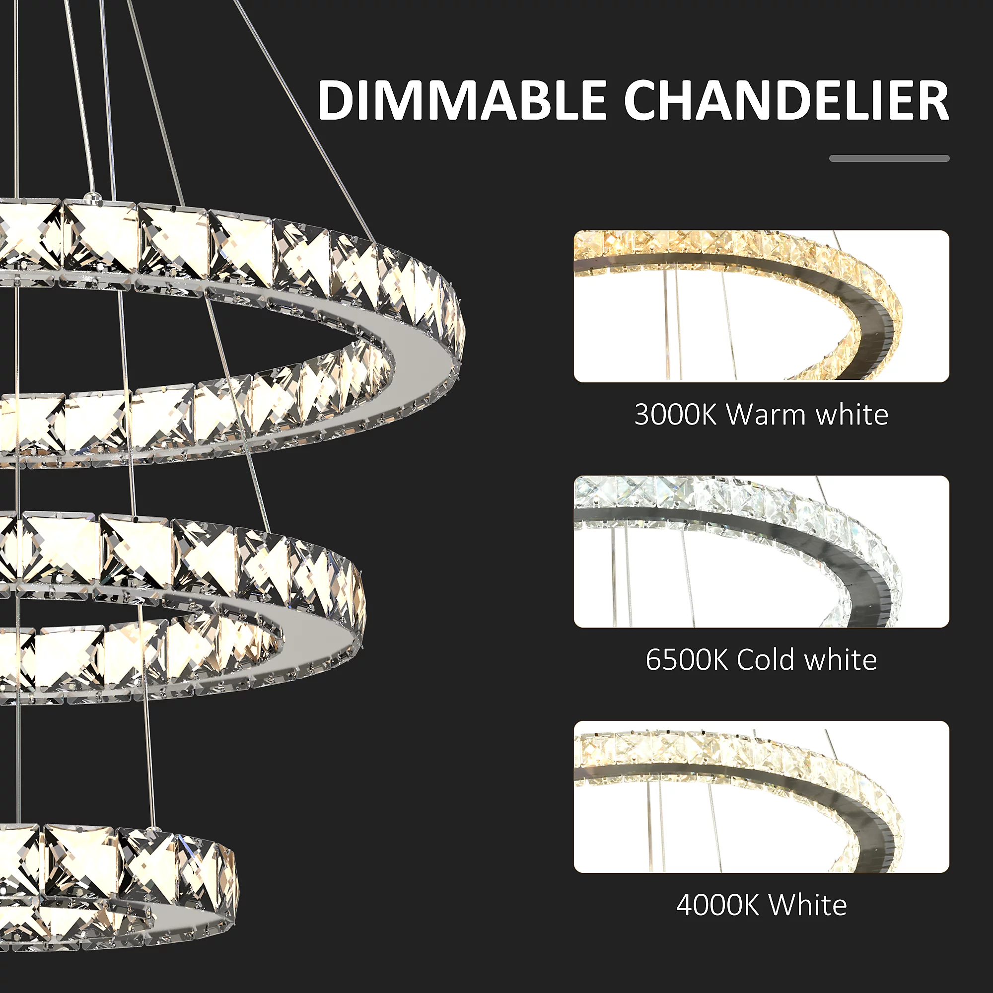 Three-ring crystal design LED chandelier