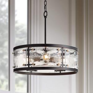 Water-patterned glass round bronze drum-shaped chandelier